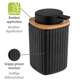 WENKO Rotello Soap Dispenser, Refillable Dispenser for 250 ml Liquid Soap, Made of High-Quality Plastic with Bamboo Detail, Also Suitable for Dishwashing Liquid, 8.9 x 12.7 x 7.5 cm, Black/Natural