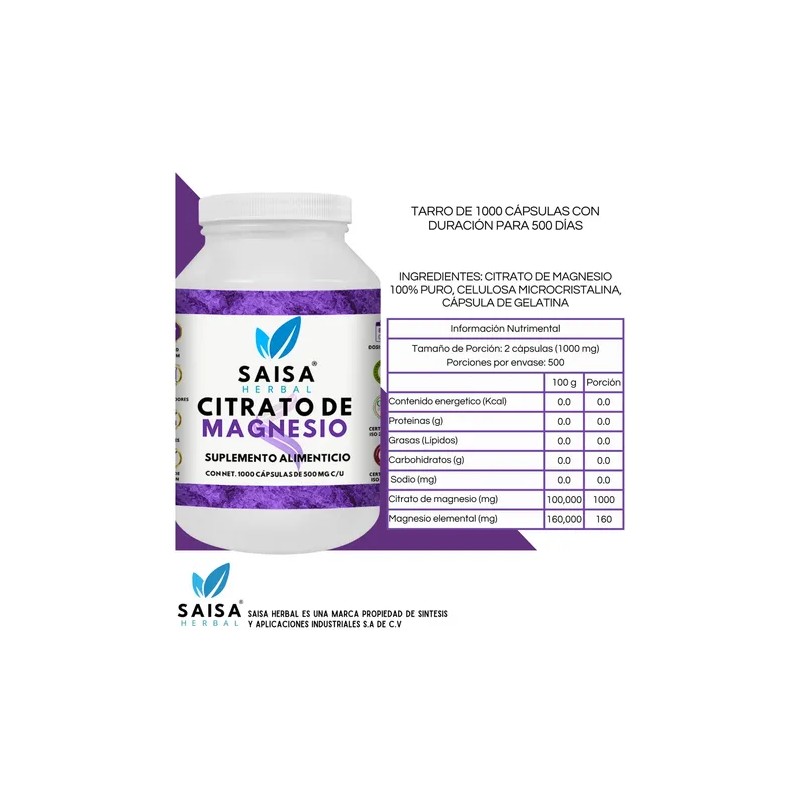 Citrato Magnesio 500 1000 Cápsulas Saisa Herbal Suplemento Alimenticio Anticalambres