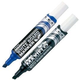 Pentel Maxiflo Marcador para Pizarrón Blanco, Punta Cincelada, Colores Negro y Azul, 2 Piezas, Incluye Borrador, MWL6-2ER