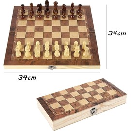 34 cm Chess Game Magnetic Wood, Backgammon, 3-in-1 Chess Game Wood High Quality, Chess Board Wood High Quality, Chess, Tavla Turkish Wood, Chess Game Foldable for Children Adults Party Travel