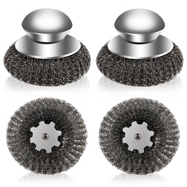 Steel Wool Scrubber with Handle 4 Pieces Steel Sponge Scourer Stainless Steel Sponge for Cleaning Dishes, Cast Iron Soup Pots, Pans, Grills etc
