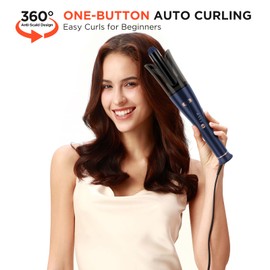 Rizador de pelo automático, rizador automático profesional, rizador giratorio de 1 pulgada con 4 temperaturas ajustables y recordatorio de rizado de tiempo 7S, voltaje dual, azul