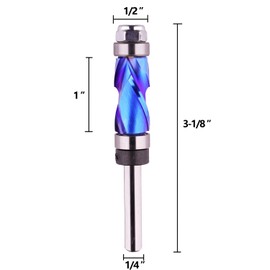 Jiiolioa Top & Bottom Bearing Compression Flush Trim Router Bit 1/4" Shank 1/2" Cutting Diameter 1" Cut Height Spiral Up-Down Template Pattern Flush Cut Router Bit for Woodworking Trimming