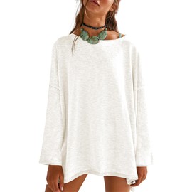 Tankaneo Womens Long Sleeve Shirts Oversized Lightweight Sweaters Crewneck Side Slit Hem Casual Blouse Tunic Tops White