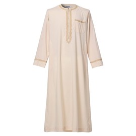 CAMDOM Middle East Arabic Men's Robes Muslim Kaftan Clothing V-Neck Thobe Arabic Muslim Casual Wear, beige