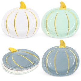 Whaline 30Pcs Fall Paper Plates Blue Pumpkin Disposable Plates 3 Colors Gold Foil Dinner Plates for Autumn Thanksgiving Party Supplies Table Decor, 7.5x7.3 inch