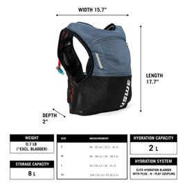 USWE Rush 8L Bike Hydration Vest, Adjustable Chest Straps Running Hydration Vest, 2.0L Hydration Bladder, Mountain Biking, Gravel & Cycling with Reflective Details, Men & Women (Blue/Black, L)