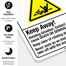 Keep Away Rotating Driveline Contact Can Cause Death Sign, ANSI Danger Sign, 10x7 Inches, Rust Free .040 Aluminum, Fade Resistant, Indoor/Outdoor Use, Made in USA