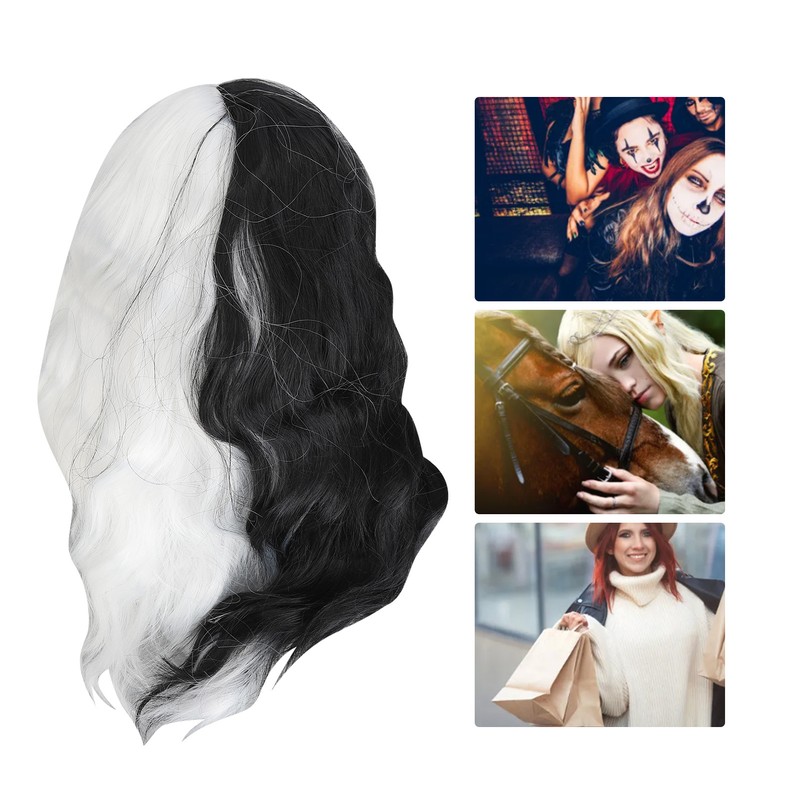 Black and White Short Curly Wig Women Cosplay Party Shoulder