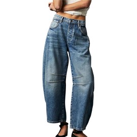 KT Women's Barrel Jeans Wide Leg Mid Rise Denim Ankle Pants Y2k Baggy Boyfriend Jeans with Pockets (Medium,Navy)