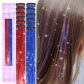 IDN BEAUTY Hair Tinsel Clip in, 12pcs Mixed Red Treasure Blue Sparkling Tinsel Hair Extensions 3s Wear and Go for Party Daily Travel Birthday, 24Inch Hair Accessories for Girls Women Kids