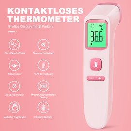 Contactless Fever Thermometer, Forehead Thermometer with Instant Accurate Readings, Fever Alarm, LCD Display and 35 Memory Revocation, Digital Infrared Thermometer for Children and Adults, Pink