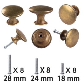 8 Pack Delicate Design Round Antique Brass Kitchen Cabinet Knobs Cupboard Door Knobs 1.18-INCH Yellow Bronze Drawer Handle Pulls Dresser Knobs with 8 Pcs Screws for Bathroom Drawer Door Hardware