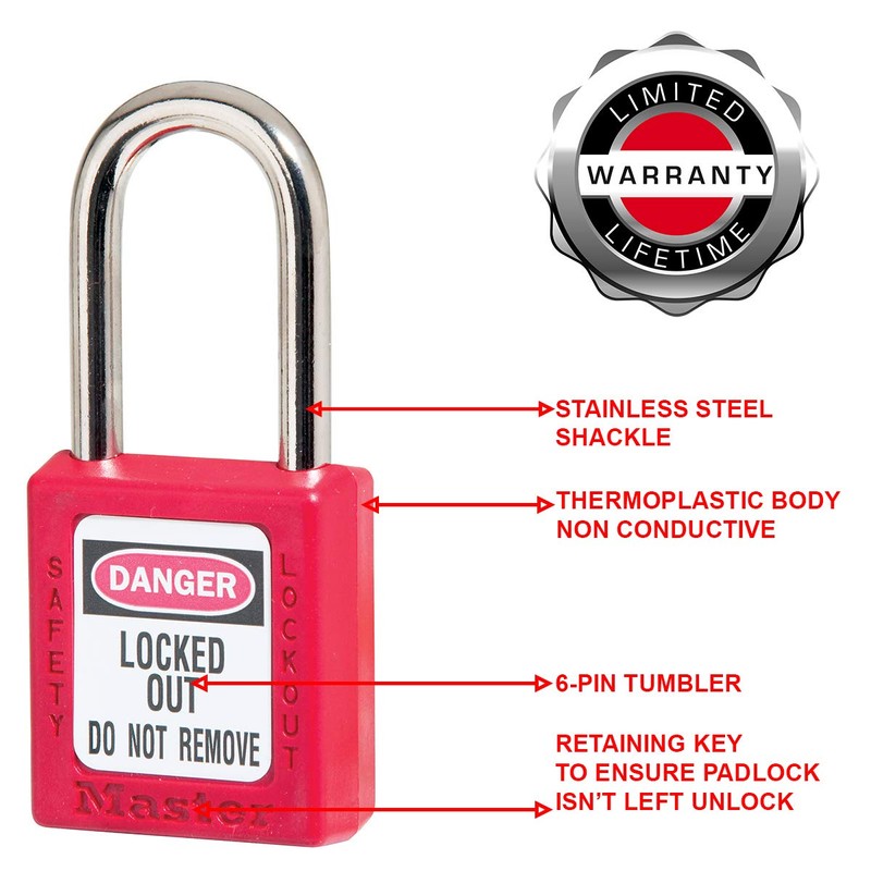 Master Lock 410KARED Lockout Tagout Safety Padlock with Key, Keyed-Alike