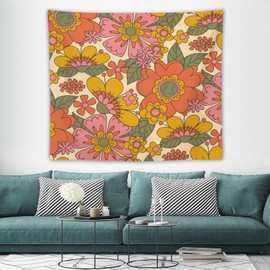Retro 60 70s Floral Tapestry,Hippie Spring Groovy Flower Power Flower Boho Print Wall Hanging Neutral Home Decor Art for Living Room Bedroom Dorm 40"x30"