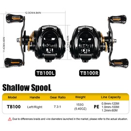 Baitcasting Fishing Reel - 100 Size 7.3:1 Gear Ratio Speed Spool Casting Baitcaster Reels - 6+1 BB Carbon Fiber Drag Magnetic Braking System Low Profile Bass Fishing Baitcasting Reels TB100R