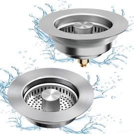 Kitchen Sink Drain Strainer, 3 in 1 All Stainless Steel Sink Strainer, Pop Up Sink Stopper with Copper Bounce Core, Anti-Clog Food Catcher Basket for US Standard 3-1/2 inch Drain (2 Pack)