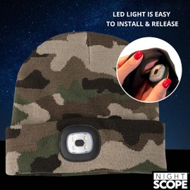 Night Scope Rechargeable LED Warm Knit Beanie Brightside Collection Hand-Free Lighted Head Lamp Hat for Women Men Girls Unisex - Woodland