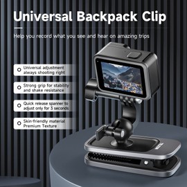 TELESIN New 360° Universal Backpack Clip Mount for Go Pro Hero 13 12 11 10 9 Insta360 X3 ONE X2 DJI Action 3 2,Bag Shoulder Body Strap Clip Holder Attach with Ball Head Swivel Clip Camera Accessories