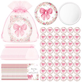 Namalu 48 Sets Coquette Pink Bow Compact Mirror Bulk and Thank You Pink Bow Cards and Organza Bags for Bridal Wedding Baby Shower Party Favors Guests Appreciation Gifts Gender Reveal Party Supplies