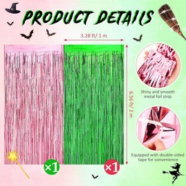 Wizard Birthday Decorations, Party Decorations, 2 PCS 3.28 x 8.2Ft Tinsel Curtain With Pink Curtains and Green Curtains, Green and Pink Glitter Streamer Backdrop Party Decor for Theme Party Supplies