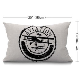 BGBDEIA Airplane Cushion Cover 30 x 50 cm Stamp Design with Word Aviation and Airplane Rectangle Pillow Cases Home Decorative Cotton Linen Throw Pillow Cover for Bed Sofa Black White 12x20 Inch