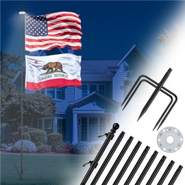 ZMTECH 12 FT Heavy Duty Flag Pole with Solar Light & 5 Pronges Base in Ground for Yard, Tangle Free Spinning Stainless Steel,Windproof, Fit for 2 Flags |Outside House Residential |Commercial 1 PACK