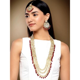 Aheli Indian Ethnic Wedding Faux Kundan Beaded Bridal Long Necklace Earrings with Maang Tikka Traditional Jewellery Set for Women