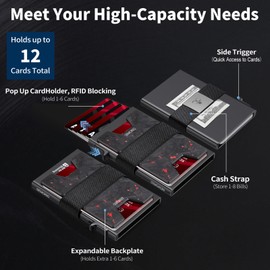 SEMORID Mens Wallet, Slim Wallet for Men, Pop Up Credit Card Holder RFID Blocking, Minimalist Metal Wallet with Cash Band, Aluminum Wallets (Black+Red)