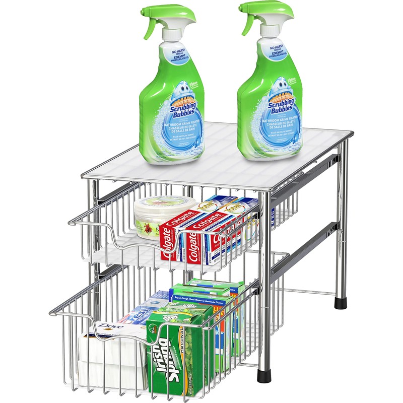 Simple Houseware Stackable 2 Tier Sliding Basket Organizer Drawer, Chrome