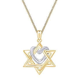 AFFY Two Tone Star of David with Heart Pendant Necklace in 14K Yellow Gold Over Sterling Silver