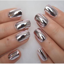 White Sliver Press on Nails Short Square, SWEKKE Mirror Metal Glossy Fake Nails Acrylic Nails with Bling Design, Fall Winter Glue on Nails for Daily Party Wear, False Nails Press ons in24 PCS