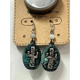 Story Women's Silver / Patina / Turquoise Cactus Earrings - Cowgirl Rodeo Jewelry