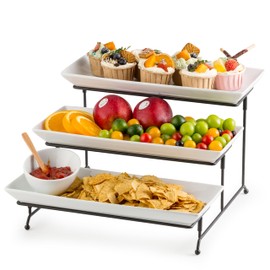 Gomakren 3 Tier Serving Trays Stand 14 Inches Serving Platters Rectangular Large Halloween Serving Plates for Party Display Set Collapsible Sturdier Rack, Christmas Serving Trays and Platters