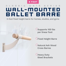 VITA Barre Wall-Mounted Single Ballet Barre, Classic WB15, 5 Ft Bar, Wood | Fixed Height, Made in USA, Home, Studio or Gym Exercise Equipment for Kids & Adults | Dance, Fitness, Pilates