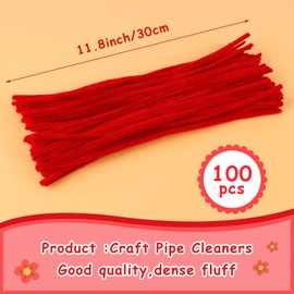 LOMIMOS 100Pcs Pipe Cleaners Craft,Christmas Pipe Cleaners Chenille Stem Fuzzy Sticks Craft Supplies for Home Handcraft School Art Festival Creative DIY Decorations (Christmas red)