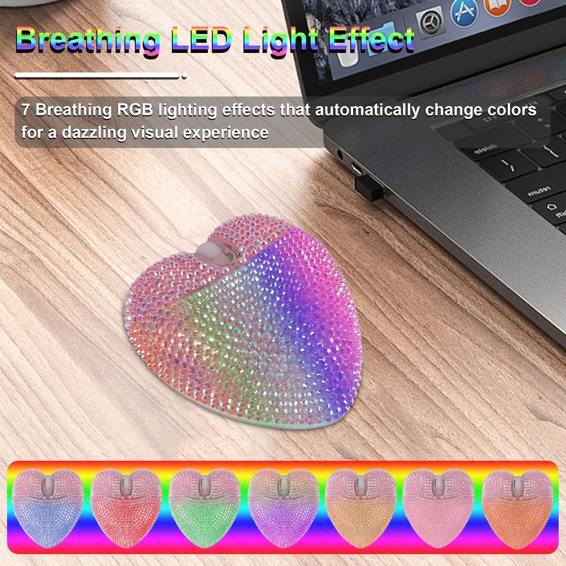 Wireless Mouse Bluetooth Cute Bling Crystal Rhinestone Pink Heart Shape