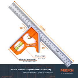 Presch Combination Square 300mm Metric – Accurate Carpentry Square made of Metal with Stop Ruler and Scribing Tool – Woodworking Square Tool