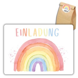 celebr8te 12 x Invitation Cards with Rainbow High Gloss Motif - For Girls' Children's Birthday - Colourful Birthday Invitations + 12 Stickers + 12 Gift Bags