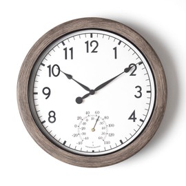 Widdop Country Living 26.5cm Outside Garden Grey Wall Clock with Thermometer Temp Gauge for Indoor or Outdoor W7961