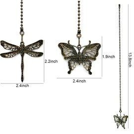 Dotlite Bronze Ceiling Fan Pull Chain Set,Decorative Fan Pull Chain Pendant Extension,12 Inches Lighting & Fan Beaded Ball Fan Pull Chain Extender with Connector,Dragonfly and Butterfly, 2Pack