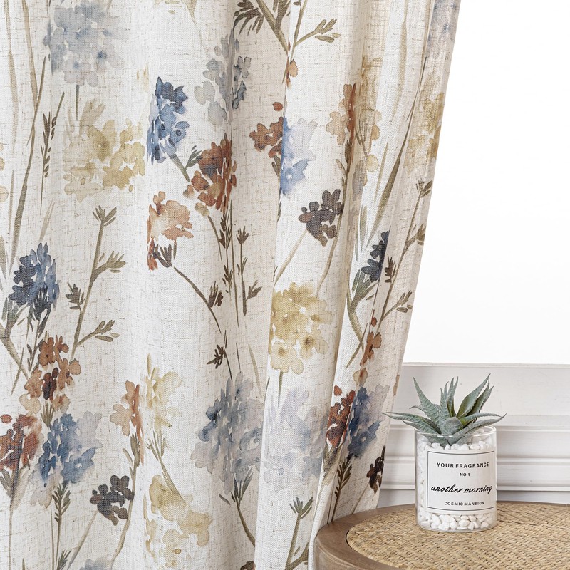 MYSKY HOME Linen Curtains for Living Room Floral Patterned Semi