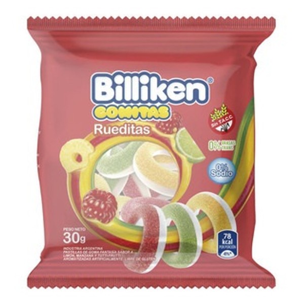 Billiken Rueditas Gomitas Candies Gummies Assorted Flavors Lemon, Apple & Tutti-Fruitti, 30 g / 1.05 oz (box of 12)