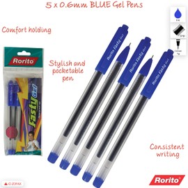 rorito 5 x 0.6mm Tip Fasty BLUE Fine Smooth Writing Gel Pens Waterproof Ink