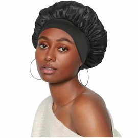 2 PCS Wide Band Satin Bonnet Cap, Soft Silk Night Sleep Hair Cap, Elastic Silky Head Cover, Wide Band Satin Hair Wrap (Black)