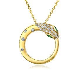 RANDES 14K Gold Plated Snake Necklace Sterling Silver Gothic Punk Jewelry Emerald Cubic Zirconia Necklaces Circle Pendant with 18 Inch Chain