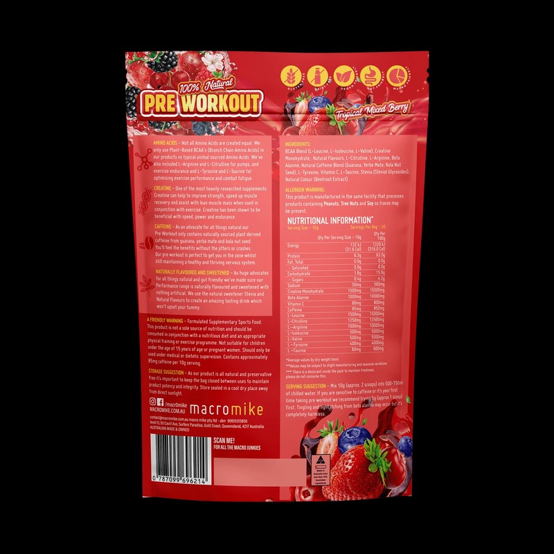 Macro Mike Pre Workout Tropical Mixed Berry 300g Caffeinated