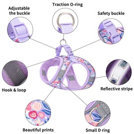 S Light Purple Flower Pattern Dog Harness and Leash Set,No Escape Easy Walk Puppy Harnesses for Training Walking，Breathable Adjustable Puppy Vest for Small Medium Dogs, Cats (Light Purple, S)