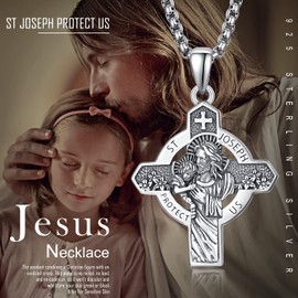 KINGWHYTE Cross Necklace 952 Sterling Silver Saint joseph Pendant Medal Necklace Religious Jewellery Gifts for Women Men, with Stainless Steel Chain(55cm)