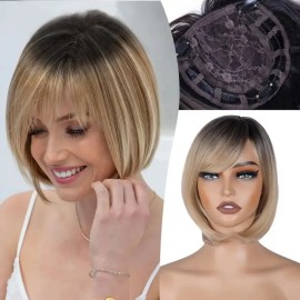 Full Volume Hair Topper for Women with Bangs Synthetic Bob Wig Natural Straight Hairpiece 360 Top Coverage for Thinning Haircolor: 22H60, stretched length: 10inches, toupee size: 6x6